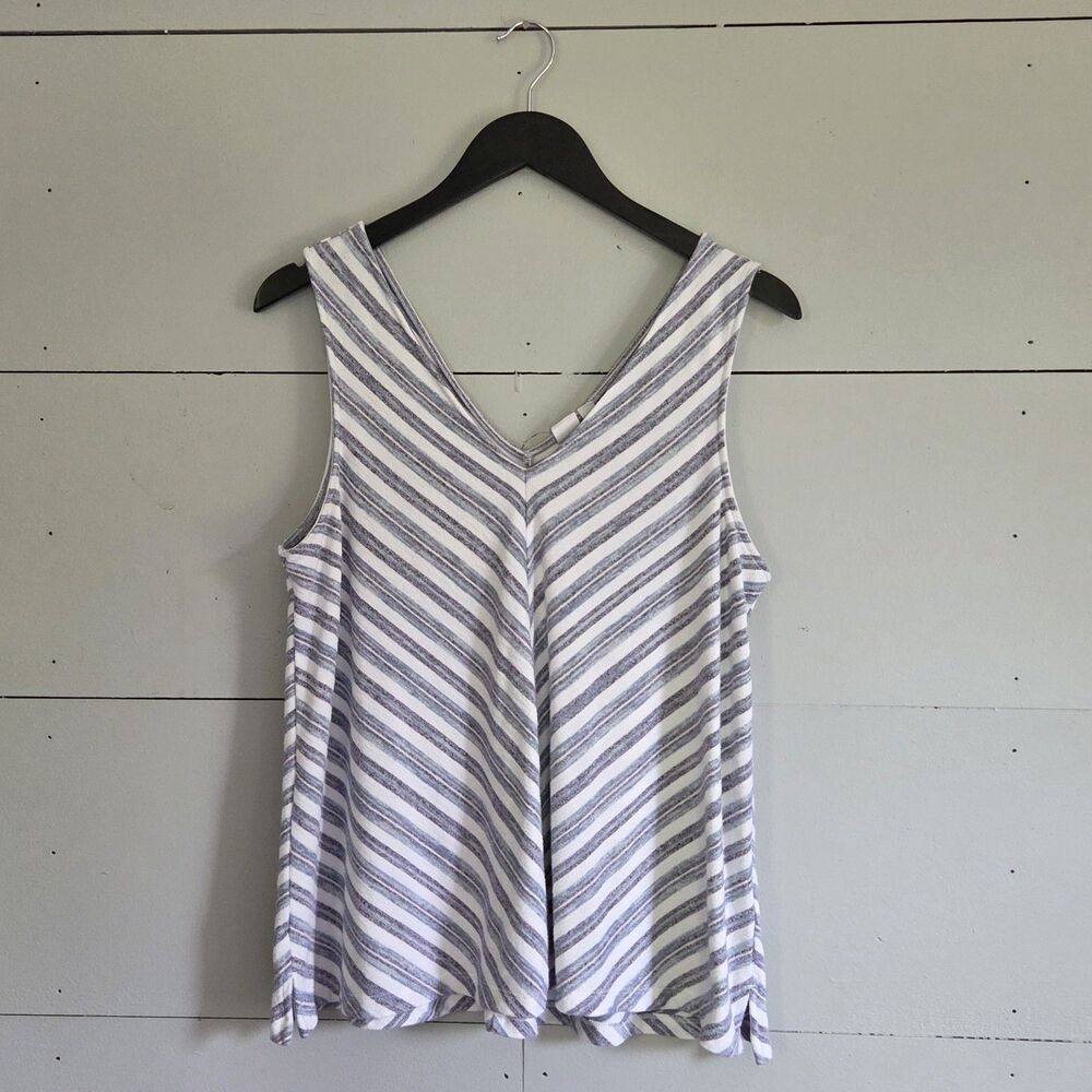 GAP White Purple Gray Striped Knit V-Neck Sleeveless Stretch Tank Top Women L